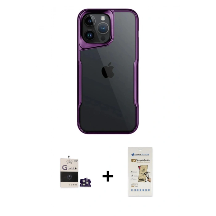 MARSİLYAN™- iPhone 14 Pro Max Kılıf Akış Çizgi Koleksiyonu - Siyah Mat Seramik Nano Ekran Koruyucu + Bilvis Titan Kamera Lens - GS