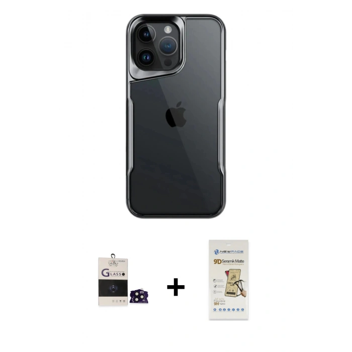 MARSİLYAN™- iPhone 14 Pro Max Kılıf Akış Çizgi Koleksiyonu - Siyah Mat Seramik Nano Ekran Koruyucu + Bilvis Titan Kamera Lens - SH