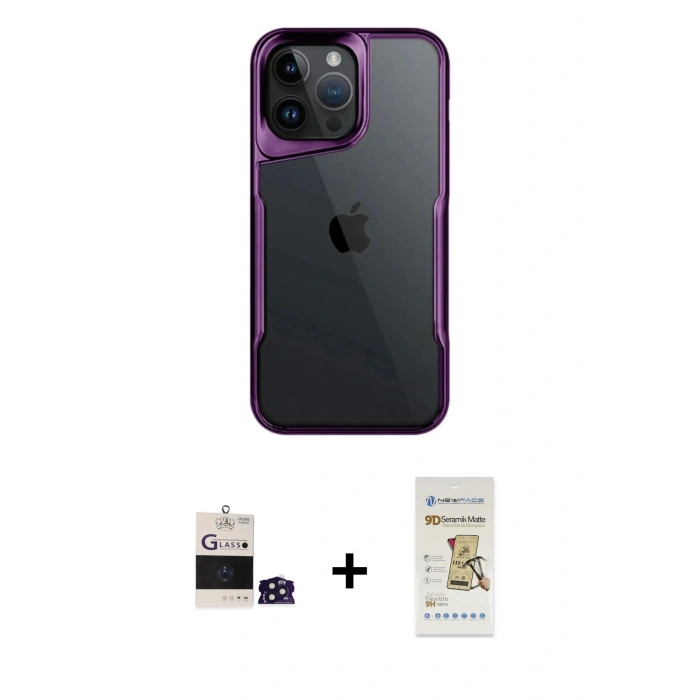 MARSİLYAN™- iPhone 14 Pro Max Kılıf Akış Çizgi Koleksiyonu - Siyah Mat Seramik Nano Ekran Koruyucu + Bilvis Titan Kamera Lens - DNMR