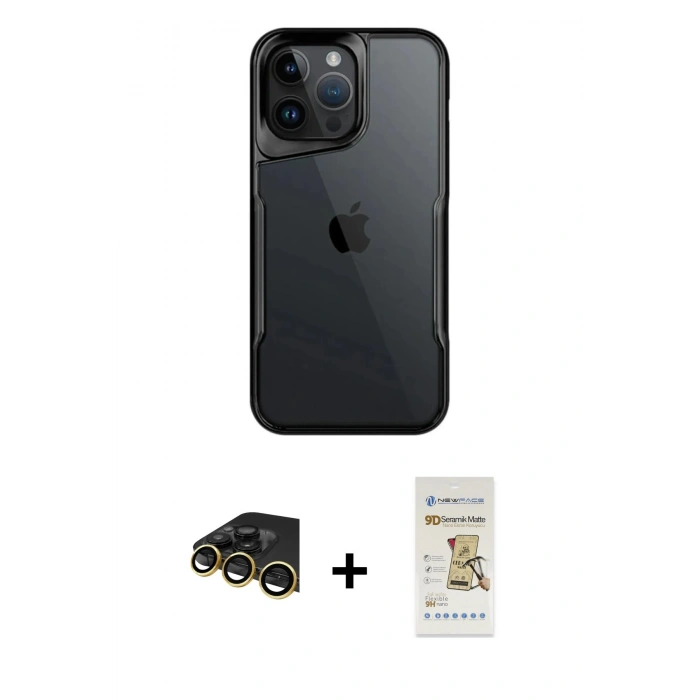 MARSİLYAN™- iPhone 14 Pro Max Kılıf Akış Çizgi Koleksiyonu - Siyah Mat Seramik Nano Ekran Koruyucu + Raze Metal Kamera Lens - GD