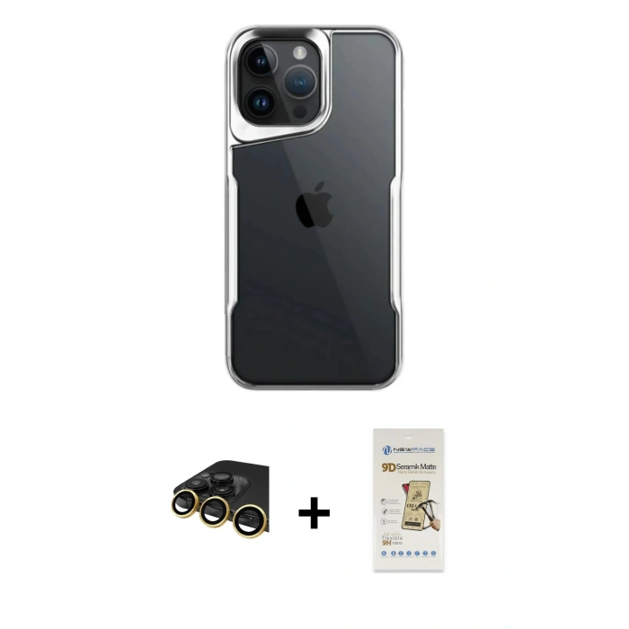 MARSİLYAN™- iPhone 14 Pro Max Kılıf Akış Çizgi Koleksiyonu - Siyah Mat Seramik Nano Ekran Koruyucu + Raze Metal Kamera Lens - GD