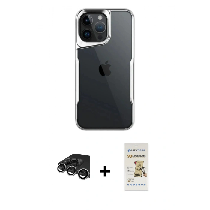 MARSİLYAN™- iPhone 14 Pro Max Kılıf Akış Çizgi Koleksiyonu - Siyah Mat Seramik Nano Ekran Koruyucu + Raze Metal Kamera Lens - GS