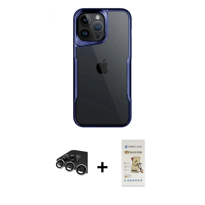 MARSİLYAN™- iPhone 14 Pro Max Kılıf Akış Çizgi Koleksiyonu - Siyah Mat Seramik Nano Ekran Koruyucu + Raze Metal Kamera Lens - GS