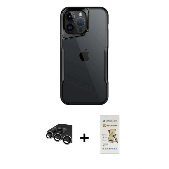 MARSİLYAN™- iPhone 14 Pro Max Kılıf Akış Çizgi Koleksiyonu - Siyah Mat Seramik Nano Ekran Koruyucu + Raze Metal Kamera Lens - GS