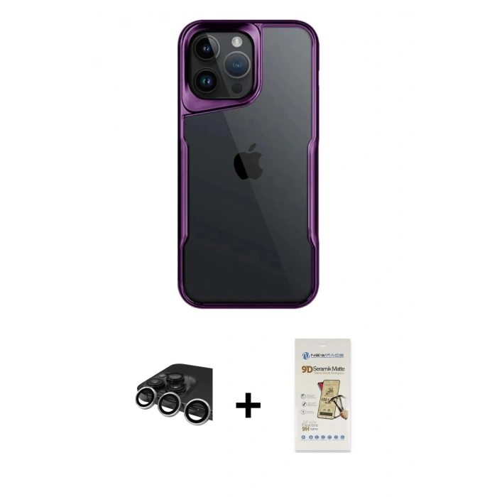 MARSİLYAN™- iPhone 14 Pro Max Kılıf Akış Çizgi Koleksiyonu - Siyah Mat Seramik Nano Ekran Koruyucu + Raze Metal Kamera Lens - GS