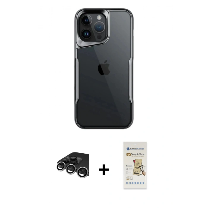 MARSİLYAN™- iPhone 14 Pro Max Kılıf Akış Çizgi Koleksiyonu - Siyah Mat Seramik Nano Ekran Koruyucu + Raze Metal Kamera Lens - GS