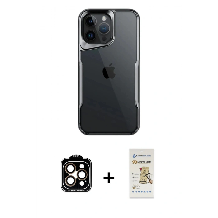 MARSİLYAN™- iPhone 14 Pro Max Kılıf Akış Çizgi Koleksiyonu - Siyah Mat Seramik Nano Ekran Koruyucu + PVD Metal Kamera Lens - TU