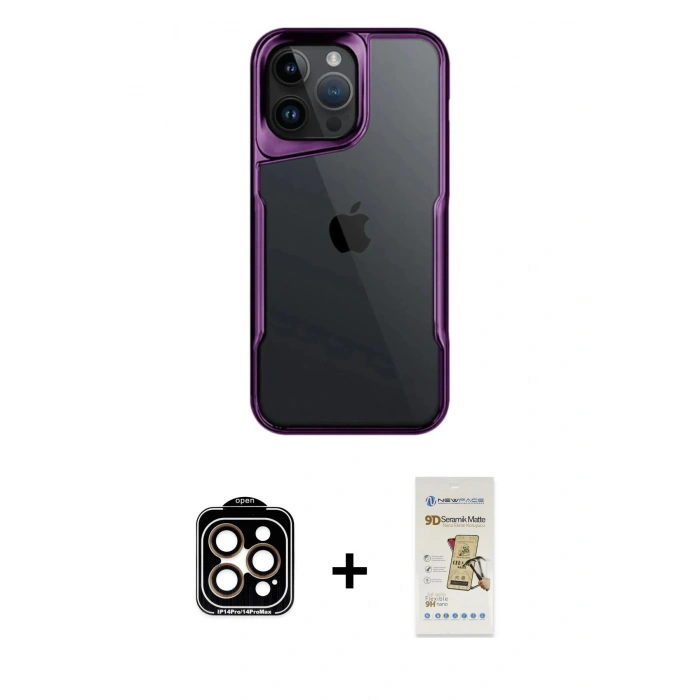 MARSİLYAN™- iPhone 14 Pro Max Kılıf Akış Çizgi Koleksiyonu - Siyah Mat Seramik Nano Ekran Koruyucu + PVD Metal Kamera Lens - TU