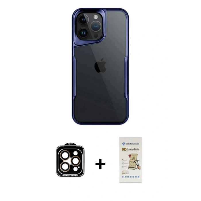 MARSİLYAN™- iPhone 14 Pro Max Kılıf Akış Çizgi Koleksiyonu - Siyah Mat Seramik Nano Ekran Koruyucu + PVD Metal Kamera Lens - TU