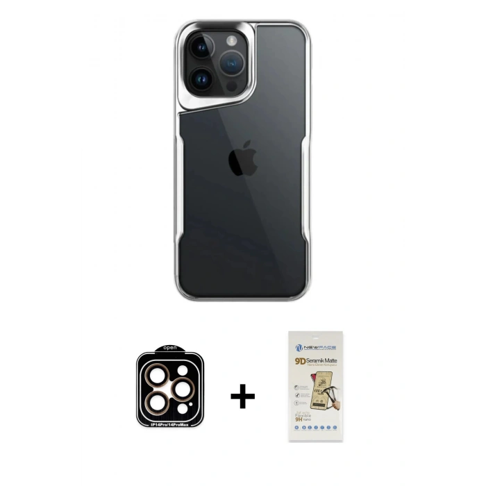 MARSİLYAN™- iPhone 14 Pro Max Kılıf Akış Çizgi Koleksiyonu - Siyah Mat Seramik Nano Ekran Koruyucu + PVD Metal Kamera Lens - TU
