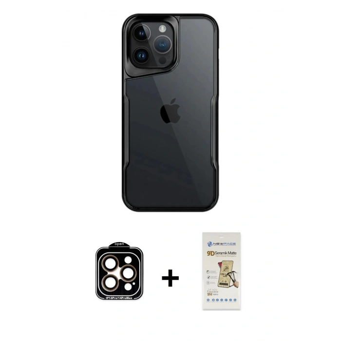 MARSİLYAN™- iPhone 14 Pro Max Kılıf Akış Çizgi Koleksiyonu - Siyah Mat Seramik Nano Ekran Koruyucu + PVD Metal Kamera Lens - TU