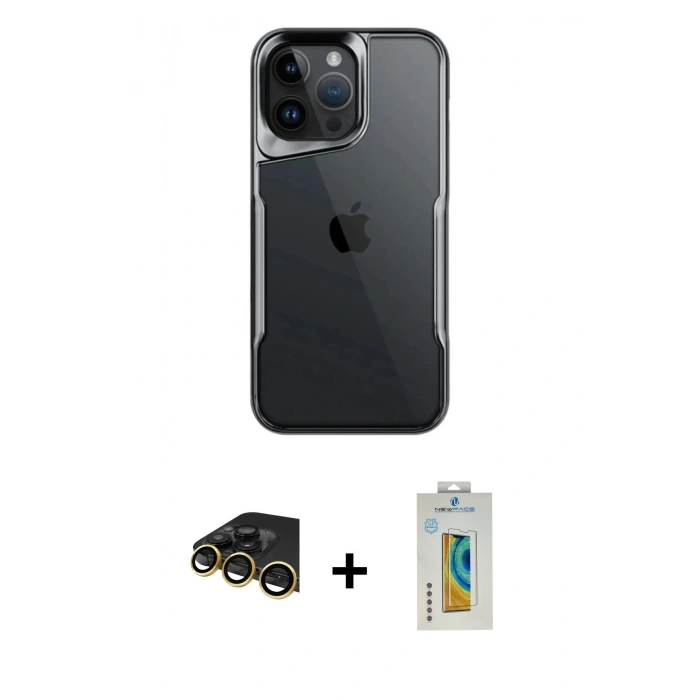 MARSİLYAN™- iPhone 14 Pro Max Kılıf Akış Çizgi Koleksiyonu - Siyah Polymer Nano Ekran Koruyucu + Raze Metal Kamera Lens - GD