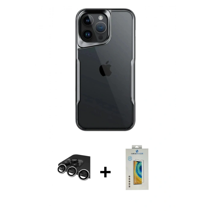 MARSİLYAN™- iPhone 14 Pro Max Kılıf Akış Çizgi Koleksiyonu - Siyah Polymer Nano Ekran Koruyucu + Raze Metal Kamera Lens - GS