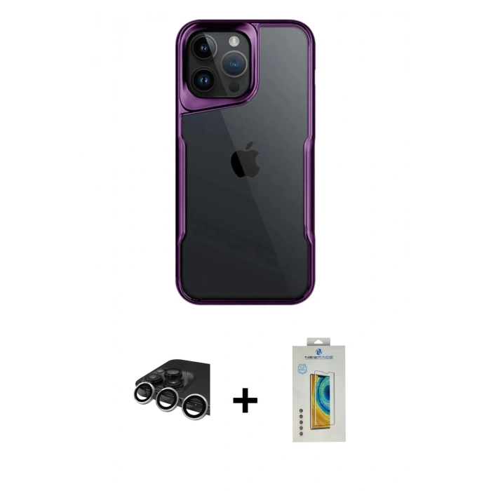MARSİLYAN™- iPhone 14 Pro Max Kılıf Akış Çizgi Koleksiyonu - Siyah Polymer Nano Ekran Koruyucu + Raze Metal Kamera Lens - GS