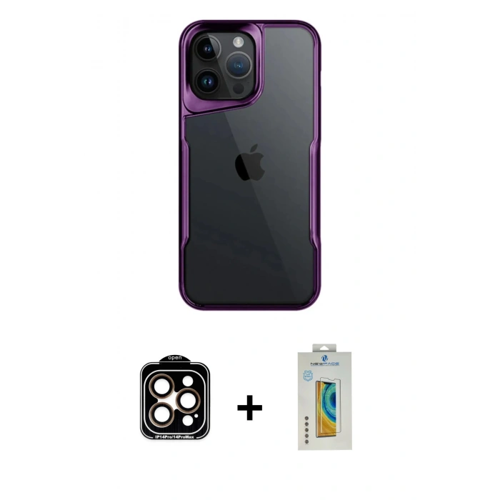 MARSİLYAN™- iPhone 14 Pro Max Kılıf Akış Çizgi Koleksiyonu - Siyah Polymer Nano Ekran Koruyucu + PVD Metal Kamera Lens - TU