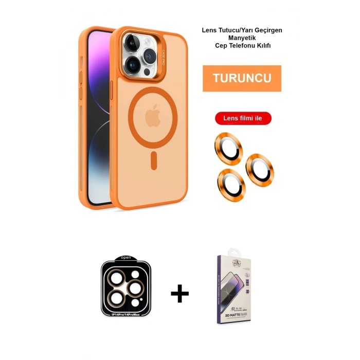 MARSİLYAN™- iPhone 14 Pro Max Kılıf Akış Form - Siyah Bilvis 3D Mat Cam Ekran Koruyucu + PVD Metal Kamera Lens - TU