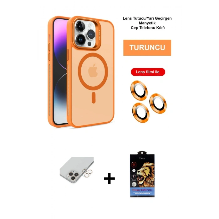 MARSİLYAN™- iPhone 14 Pro Max Kılıf Akış Form - Siyah Buffer Hayalet Cam Ekran Koruyucu + Gold Band Metal Kamera Lens