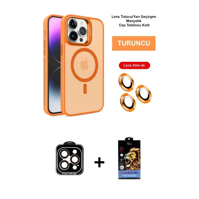 MARSİLYAN™- iPhone 14 Pro Max Kılıf Akış Form - Siyah Buffer Hayalet Cam Ekran Koruyucu + Turuncu PVD Metal Kamera Lens