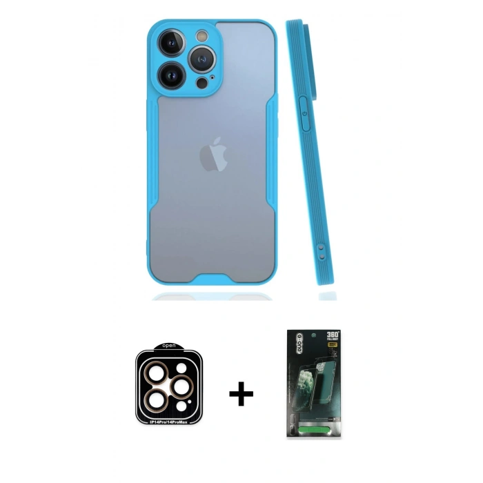 MARSİLYAN™- iPhone 14 Pro Max Kılıf Atlas Asil Serisi - Şeffaf 360 Full Body Arka Koruyucu + PVD Metal Kamera Lens - TU