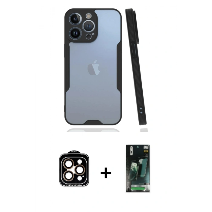 MARSİLYAN™- iPhone 14 Pro Max Kılıf Atlas Asil Serisi - Şeffaf 360 Full Body Arka Koruyucu + PVD Metal Kamera Lens - TU