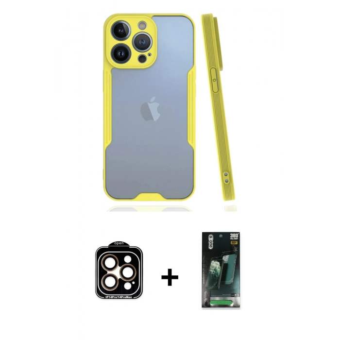 MARSİLYAN™- iPhone 14 Pro Max Kılıf Atlas Asil Serisi - Şeffaf 360 Full Body Arka Koruyucu + PVD Metal Kamera Lens - TU