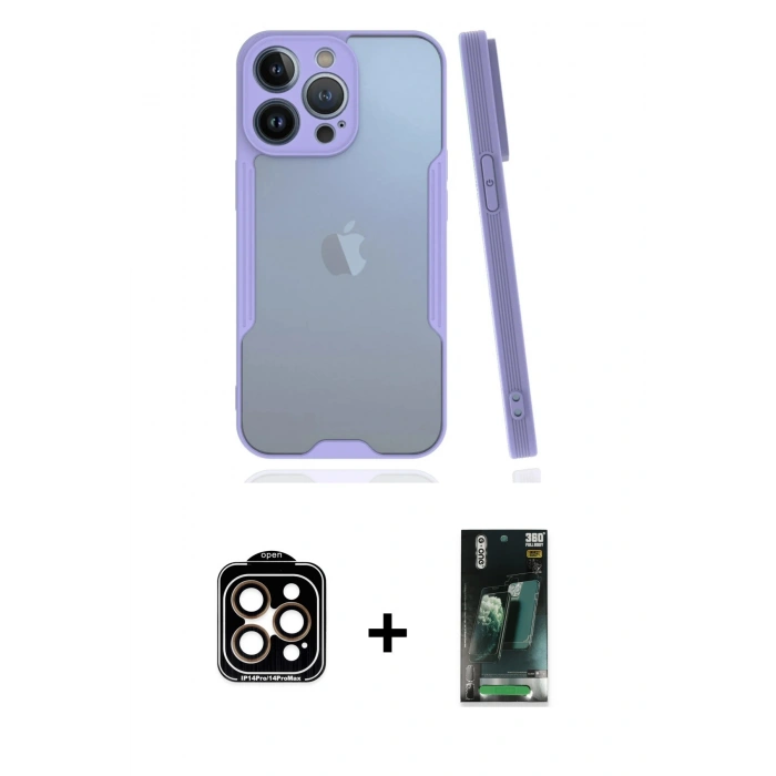 MARSİLYAN™- iPhone 14 Pro Max Kılıf Atlas Asil Serisi - Şeffaf 360 Full Body Arka Koruyucu + PVD Metal Kamera Lens - TU