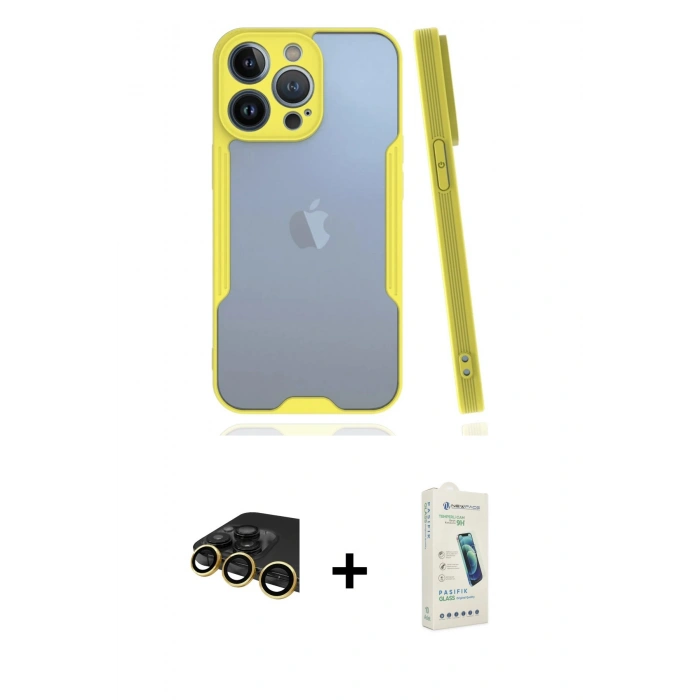 MARSİLYAN™- iPhone 14 Pro Max Kılıf Atlas Asil Serisi - Şeffaf Pasifik Cam Ekran Koruyucu + Raze Metal Kamera Lens - GD