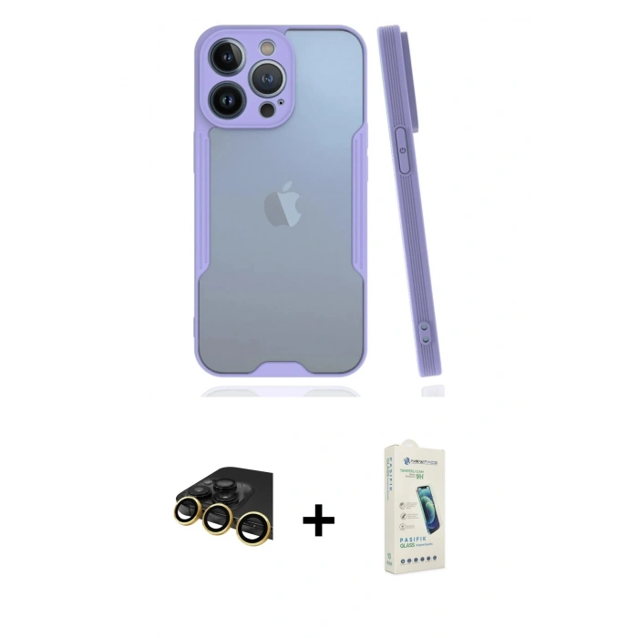 MARSİLYAN™- iPhone 14 Pro Max Kılıf Atlas Asil Serisi - Şeffaf Pasifik Cam Ekran Koruyucu + Raze Metal Kamera Lens - GD