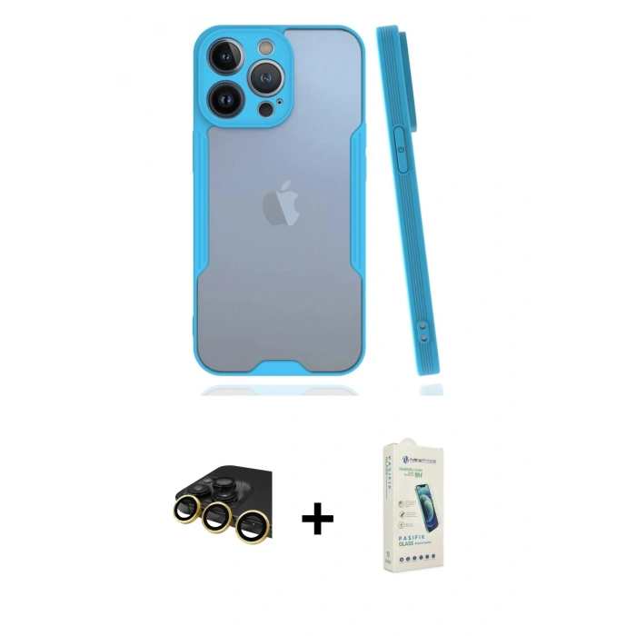 MARSİLYAN™- iPhone 14 Pro Max Kılıf Atlas Asil Serisi - Şeffaf Pasifik Cam Ekran Koruyucu + Raze Metal Kamera Lens - GD