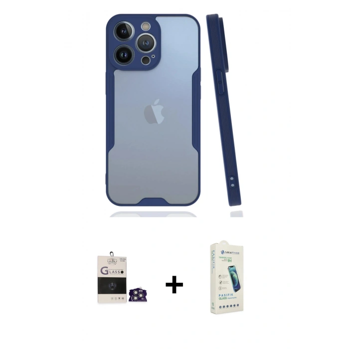 MARSİLYAN™- iPhone 14 Pro Max Kılıf Atlas Asil Serisi - Şeffaf Pasifik Cam Ekran Koruyucu + Bilvis Titan Kamera Lens - GS