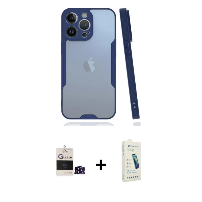 MARSİLYAN™- iPhone 14 Pro Max Kılıf Atlas Asil Serisi - Şeffaf Pasifik Cam Ekran Koruyucu + Bilvis Titan Kamera Lens - SH