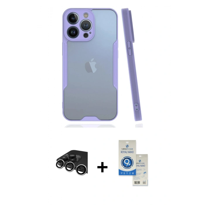 MARSİLYAN™- iPhone 14 Pro Max Kılıf Atlas Asil Serisi - Şeffaf Royal Nano Ekran Koruyucu + Raze Metal Kamera Lens - GS