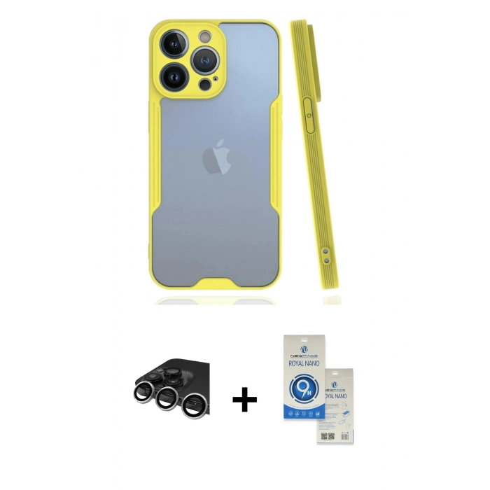 MARSİLYAN™- iPhone 14 Pro Max Kılıf Atlas Asil Serisi - Şeffaf Royal Nano Ekran Koruyucu + Raze Metal Kamera Lens - GS