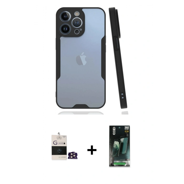 MARSİLYAN™- iPhone 14 Pro Max Kılıf Atlas Asil Serisi - Siyah 360 Mat Full Body Arka Koruyucu + Bilvis Titan Kamera Lens - GD