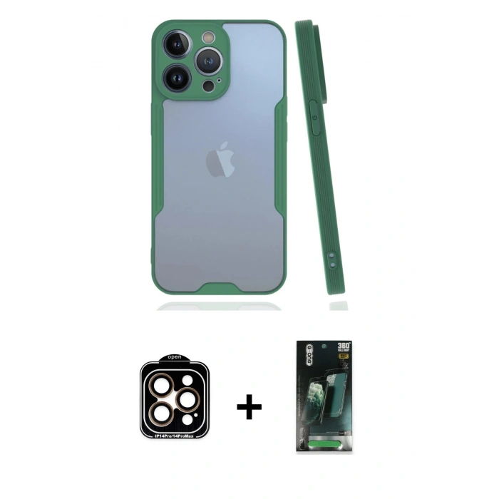 MARSİLYAN™- iPhone 14 Pro Max Kılıf Atlas Asil Serisi - Siyah 360 Mat Full Body Arka Koruyucu + PVD Metal Kamera Lens - TU