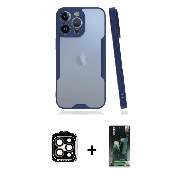 MARSİLYAN™- iPhone 14 Pro Max Kılıf Atlas Asil Serisi - Siyah 360 Mat Full Body Arka Koruyucu + PVD Metal Kamera Lens - TU