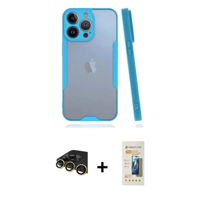 MARSİLYAN™- iPhone 14 Pro Max Kılıf Atlas Asil Serisi - Siyah 6D Mat Seramik Hayalet Nano Ekran Koruyucu + Gold Raze Metal Kamera Lens