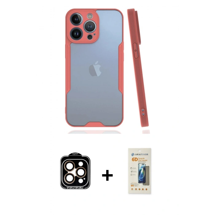 MARSİLYAN™- iPhone 14 Pro Max Kılıf Atlas Asil Serisi - Siyah 6D Mat Seramik Hayalet Nano Ekran Koruyucu + PVD Metal Kamera Lens - TU