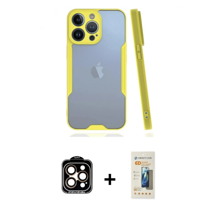 MARSİLYAN™- iPhone 14 Pro Max Kılıf Atlas Asil Serisi - Siyah 6D Mat Seramik Hayalet Nano Ekran Koruyucu + PVD Metal Kamera Lens - TU