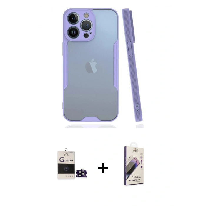 MARSİLYAN™- iPhone 14 Pro Max Kılıf Atlas Asil Serisi - Siyah Bilvis 3D Mat Cam Ekran Koruyucu + Bilvis Titan Kamera Lens - SH