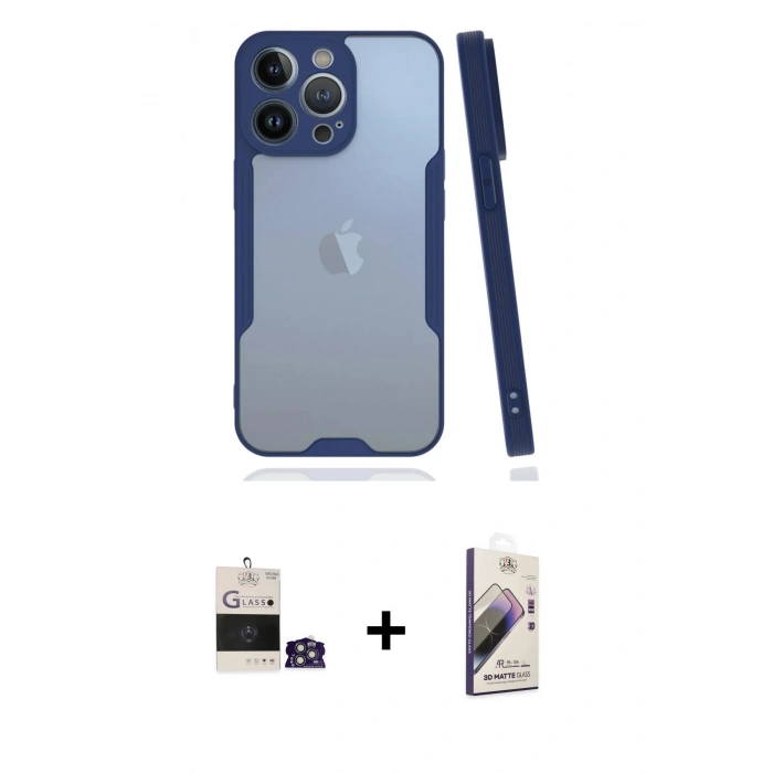 MARSİLYAN™- iPhone 14 Pro Max Kılıf Atlas Asil Serisi - Siyah Bilvis 3D Mat Cam Ekran Koruyucu + Bilvis Titan Kamera Lens - GS