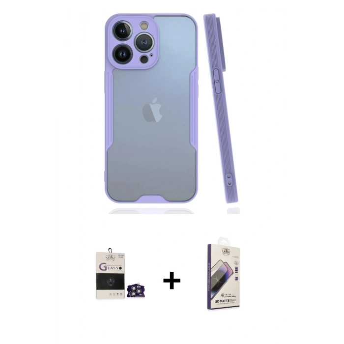 MARSİLYAN™- iPhone 14 Pro Max Kılıf Atlas Asil Serisi - Siyah Bilvis 3D Mat Cam Ekran Koruyucu + Bilvis Titan Kamera Lens - GS