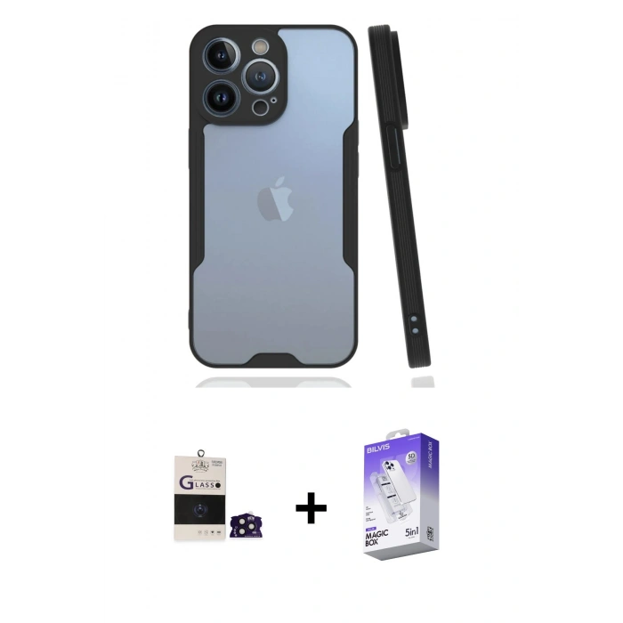 MARSİLYAN™- iPhone 14 Pro Max Kılıf Atlas Asil Serisi - Siyah Bilvis 5in1 3D Magic Cam Ekran Koruyucu + Derin Mor Bilvis Titan Kamera Lens