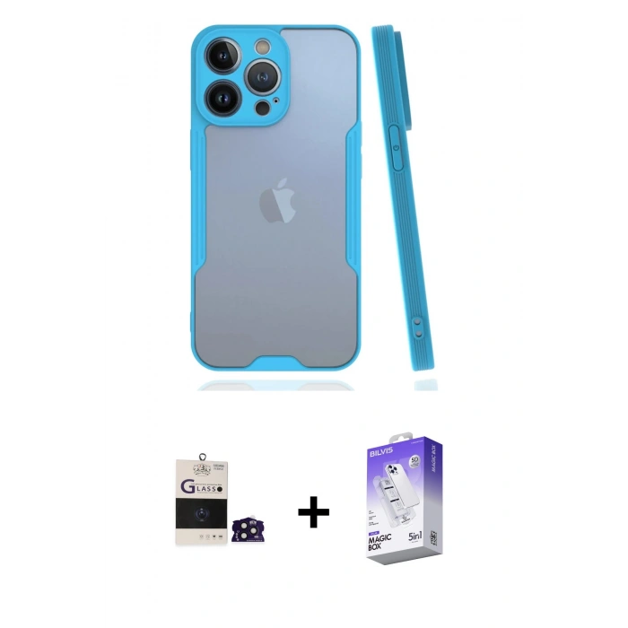 MARSİLYAN™- iPhone 14 Pro Max Kılıf Atlas Asil Serisi - Siyah Bilvis 5in1 3D Magic Cam Ekran Koruyucu + Derin Mor Bilvis Titan Kamera Lens