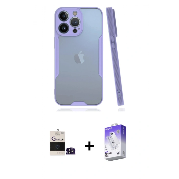 MARSİLYAN™- iPhone 14 Pro Max Kılıf Atlas Asil Serisi - Siyah Bilvis 5in1 3D Magic Cam Ekran Koruyucu + Derin Mor Bilvis Titan Kamera Lens