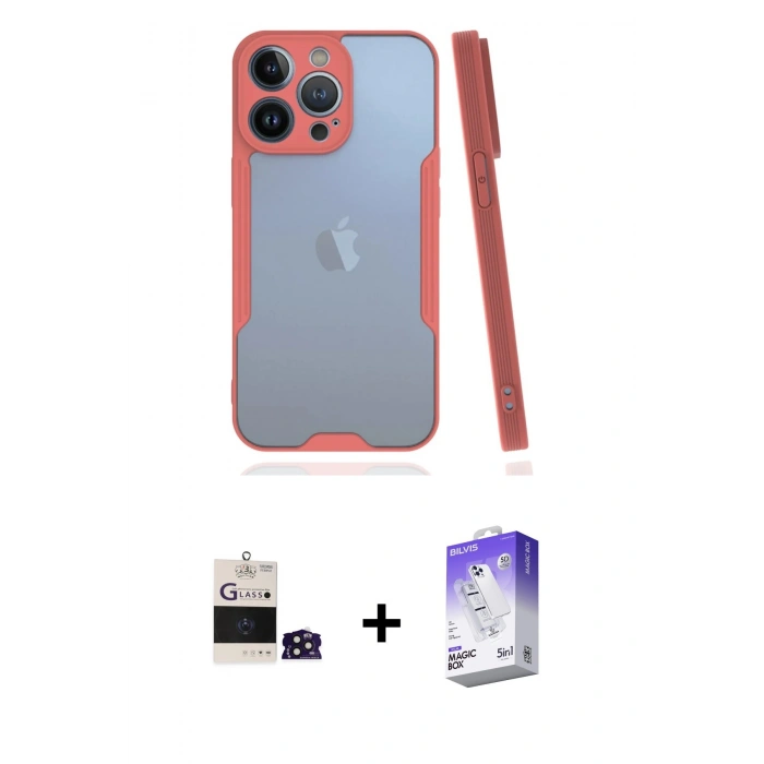 MARSİLYAN™- iPhone 14 Pro Max Kılıf Atlas Asil Serisi - Siyah Bilvis 5in1 3D Magic Cam Ekran Koruyucu + Derin Mor Bilvis Titan Kamera Lens