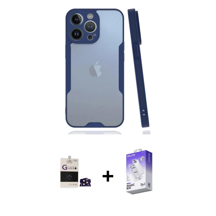 MARSİLYAN™- iPhone 14 Pro Max Kılıf Atlas Asil Serisi - Siyah Bilvis 5in1 3D Magic Cam Ekran Koruyucu + Derin Mor Bilvis Titan Kamera Lens
