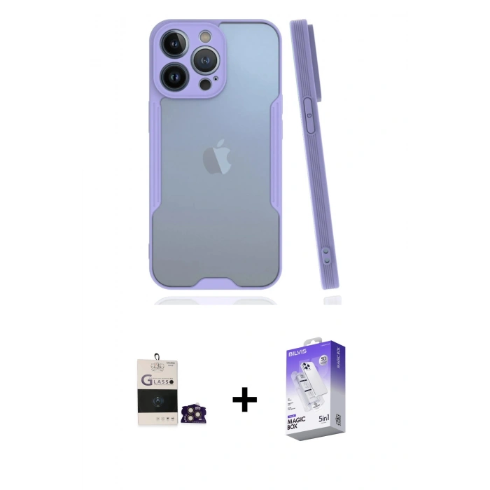 MARSİLYAN™- iPhone 14 Pro Max Kılıf Atlas Asil Serisi - Siyah Bilvis 5in1 3D Magic Cam Ekran Koruyucu + Bilvis Titan Kamera Lens - GD