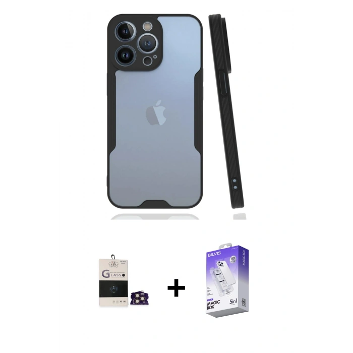MARSİLYAN™- iPhone 14 Pro Max Kılıf Atlas Asil Serisi - Siyah Bilvis 5in1 3D Magic Cam Ekran Koruyucu + Bilvis Titan Kamera Lens - GD