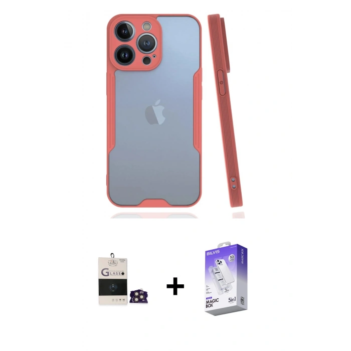MARSİLYAN™- iPhone 14 Pro Max Kılıf Atlas Asil Serisi - Siyah Bilvis 5in1 3D Magic Cam Ekran Koruyucu + Bilvis Titan Kamera Lens - GD